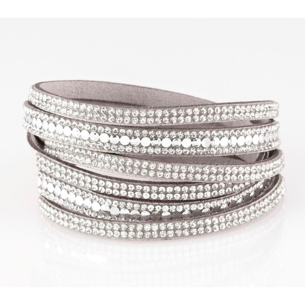 364 Wrap Bracelet Gray Rhinestone Studded Faux Suede Multi Layer Snap Closure